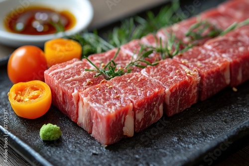 Premium quality meat being prepared for japanese barbecue