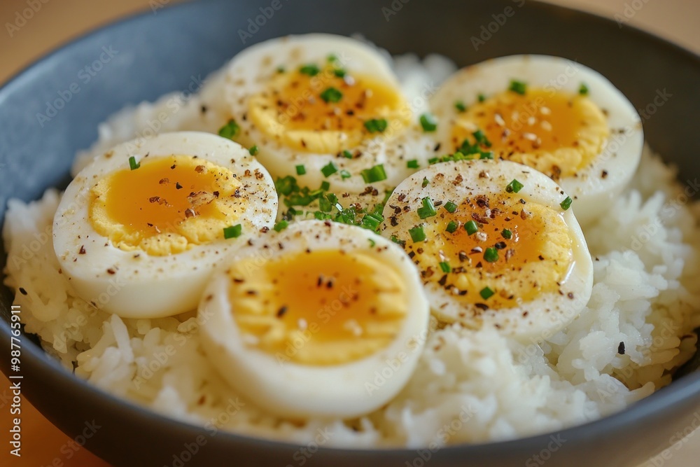 Soft boiled eggs with black pepper and chives served on rice Soft boiled eggs with black pepper and chives served on rice