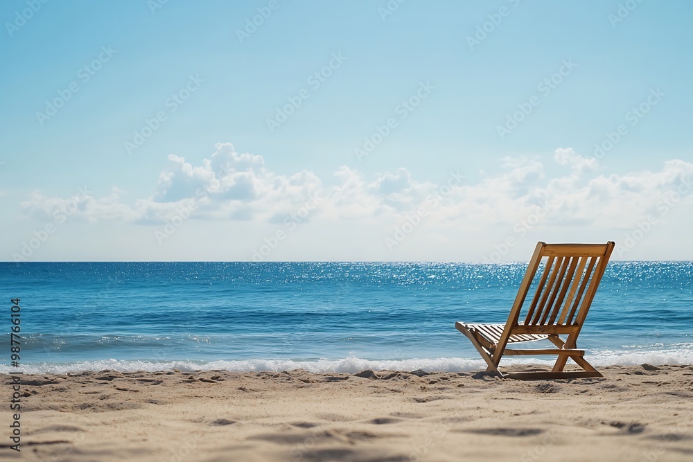 Lonely wooden chair on sandy beach overlooking the ocean, relaxing vacation concept Lonely wooden chair on sandy beach overlooking the ocean, relaxing vacation concept