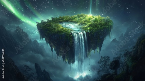 Aurora-surrounded Island with Magical Waterfall photo