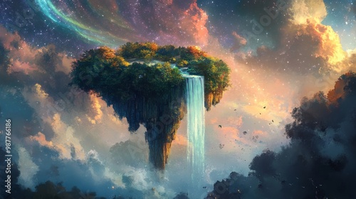 Lush Island and Sparkling Waterfall in Aurora photo