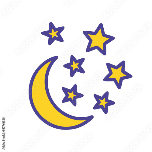 Yellow crescent moon with stars weather icon in a simple style.