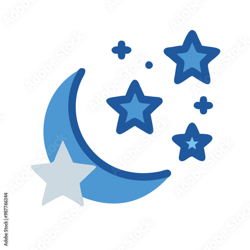 Moon and stars night sky weather icon in blue on white background.