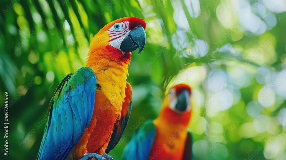 Obraz premium Tropical rainforest canopy with vibrant birds perched on branches, wildlife below moving quietly