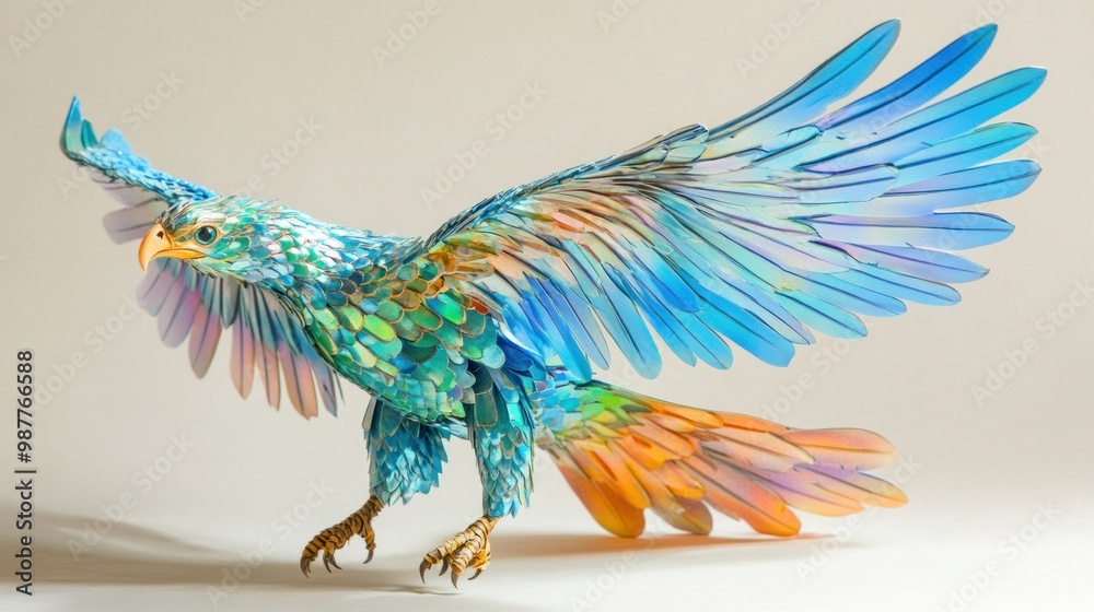 Fototapeta premium Colorful Paper Bird with Spread Wings in Flight