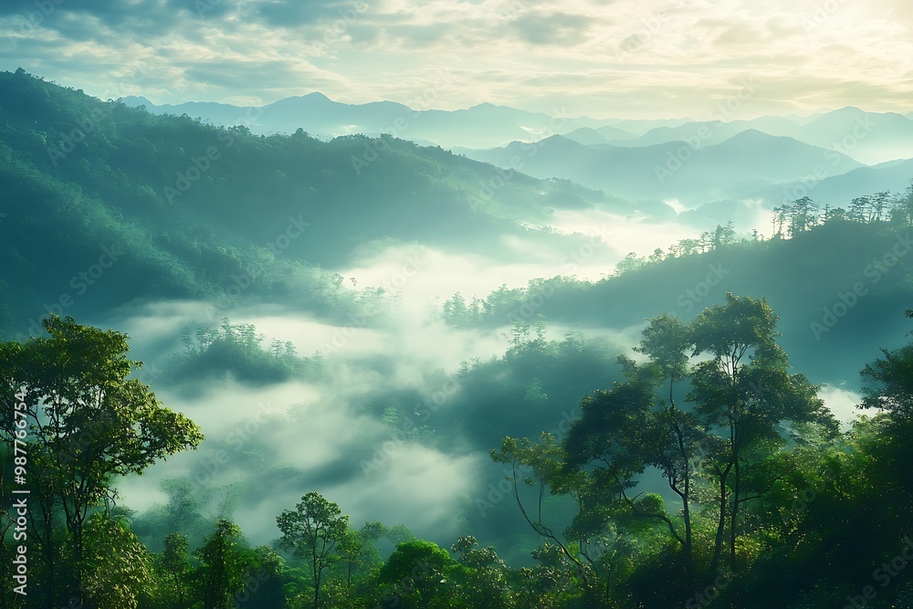 Aerial view of misty mountains in the morning sunlight. Nature landscape photography with dramatic green hills and clouds.