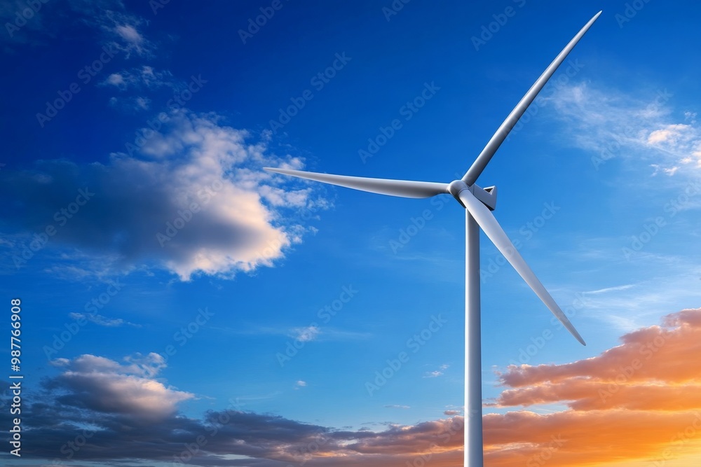 Fototapeta premium A wind turbine standing tall against a blue sky, with clouds moving in the background, symbolizing renewable energy