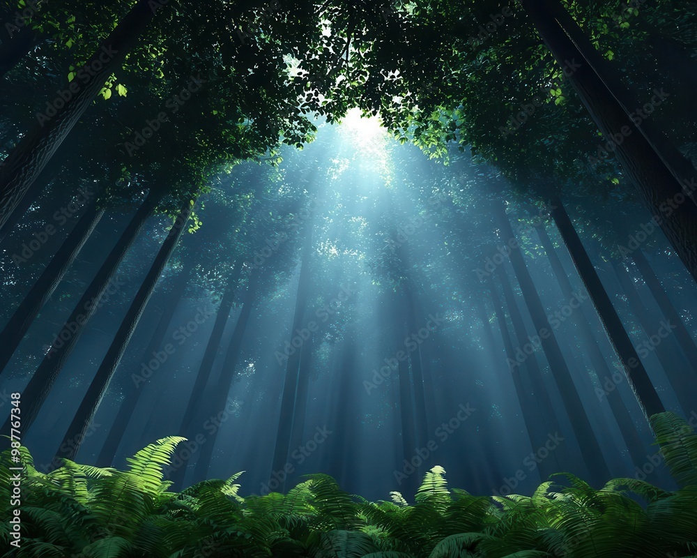Obraz premium Misty forest with towering trees, sunlight breaking through the canopy, wildlife peeking through the underbrush