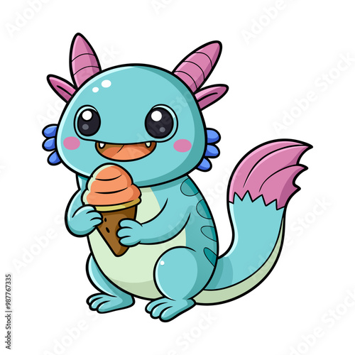 Download Cute Axolotl Eating Ice Cream Cone Cartoon Vector Icon Illustration Eps File For Design.