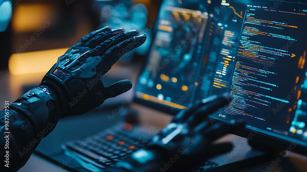 A person with a futuristic robotic arm is typing on a keyboard in front of a computer screen with code displayed on it. A person with a futuristic robotic arm is typing on a keyboard in front of a computer screen with code displayed on it.