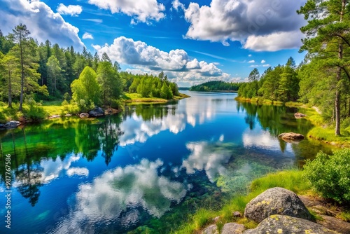 Tranquil Scandinavian Summer Landscape with Lush Greenery, Crystal Clear Lakes, and Blue Skies