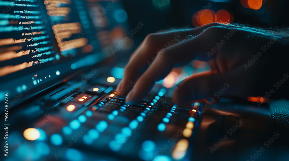Close-up of a hand typing on a backlit keyboard.