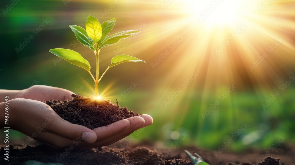 Fototapeta premium Sustainability Concept with Hands Holding a Tree Growing from Soil