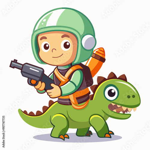 Download Cute Astronaut Riding Dinosaur With Gun Cartoon Vector Eps File For Design.