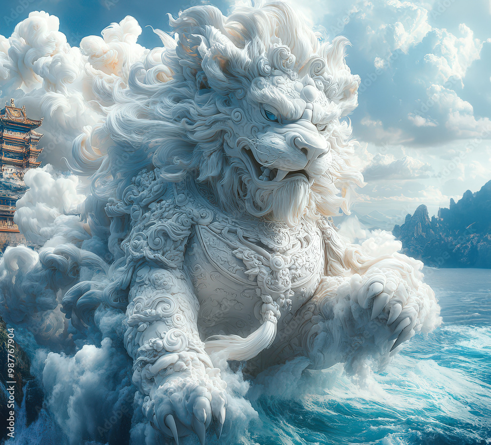 Majestic White Stone Lion Statue In Clouds Majestic White Stone Lion Statue In Clouds