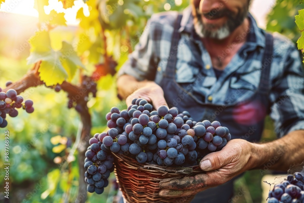 Obraz premium Winemaker harvesting red grapes in vineyard during wine harvest