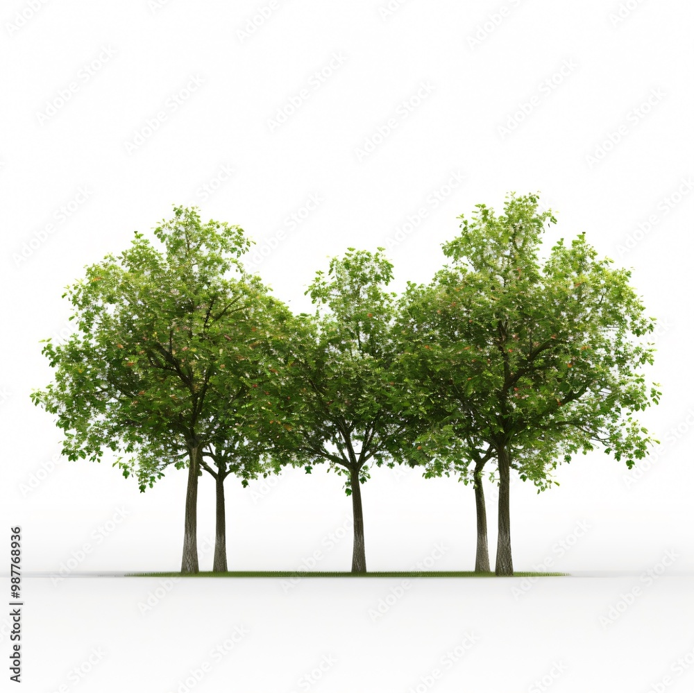 Four trees with green leaves and brown trunks stand in a row on a white background. Four trees with green leaves and brown trunks stand in a row on a white background.