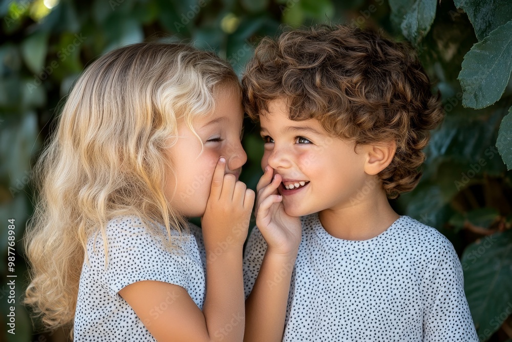 Two siblings sharing a secret, whispering and giggling to each other in a playful moment Two siblings sharing a secret, whispering and giggling to each other in a playful moment