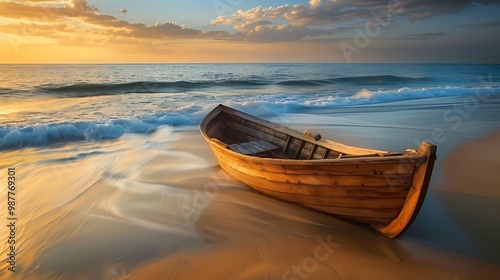 Obraz na płótnie Sitting aboard an ancient wooden fisher boat listening to the tranquil sound of waves breaking onto the shore w salonie