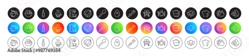Apple, Doppio and Gas grill line icons. Round icon gradient buttons. Pack of Food delivery, Salad, Hot water icon. Coffeepot, Hazelnut, Food pictogram. Recycle water, Fork, Coffee machine. Vector
