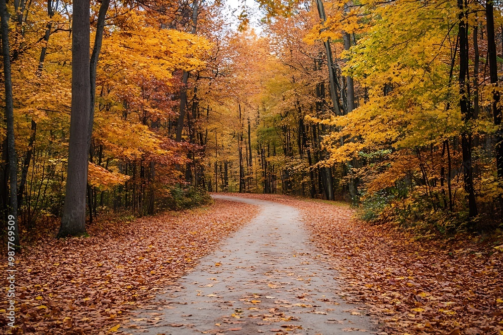 Naklejka premium Autumn Forest Path with Colorful Trees and Fallen Leaves