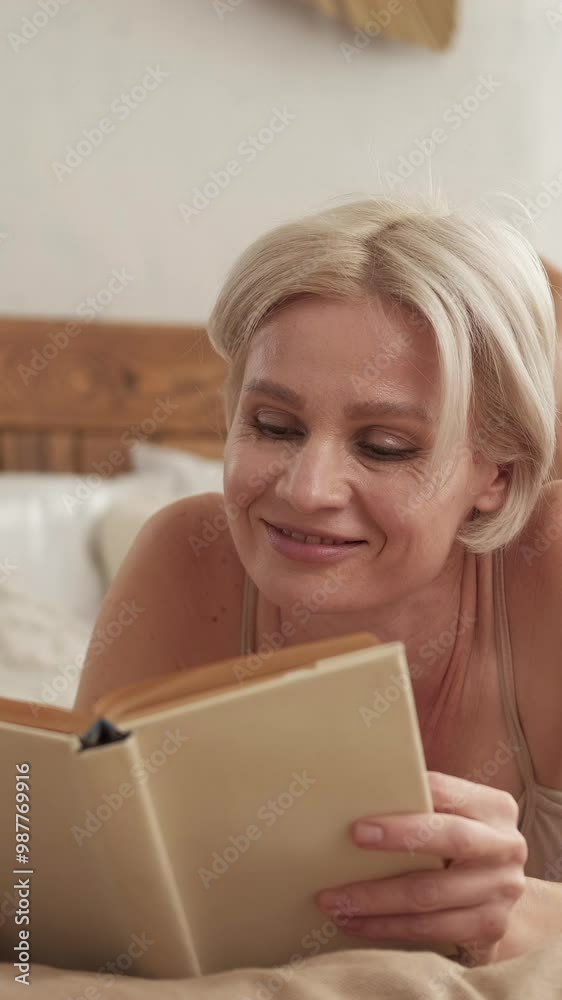 Vertical video. Reading hobby. Bedroom book. Smiling calm woman laying on comfy bed enjoying domestic leisure with favorite novel story at light home. Vertical video. Reading hobby. Bedroom book. Smiling calm woman laying on comfy bed enjoying domestic leisure with favorite novel story at light home.