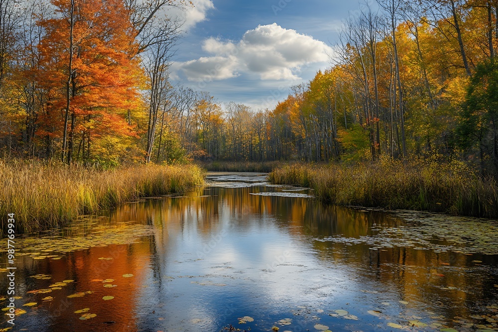 Fototapeta premium Autumn reflection in calm lake surrounded by colorful trees