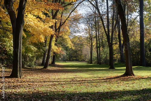 Autumn forest path with golden leaves and sunlight through the trees