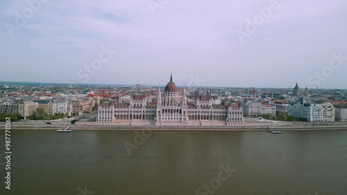 Aerial footage of a drone, Panoramic view of Budapest. View of the Danube River. Panoramic view of the Hungarian Parliament Building photo