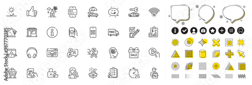 Set of Sunbed, Headphones and Repair document line icons for web app. Design elements, Social media icons. Alcohol addiction, Bitcoin pay, Street light icons. Market, Car key, Checkbox signs. Vector