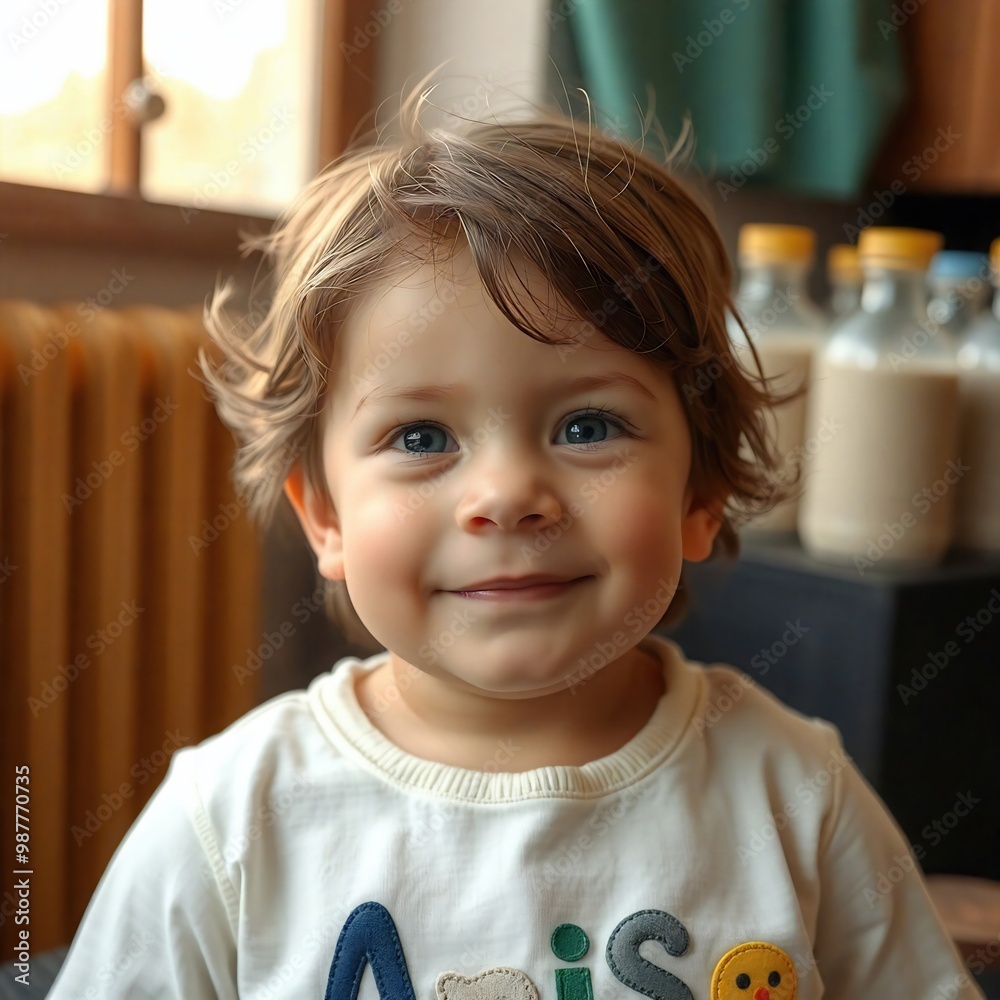 Niño sonriente, es feliz y lleno de inocencia, mira a la cámara, representa la infancia. 