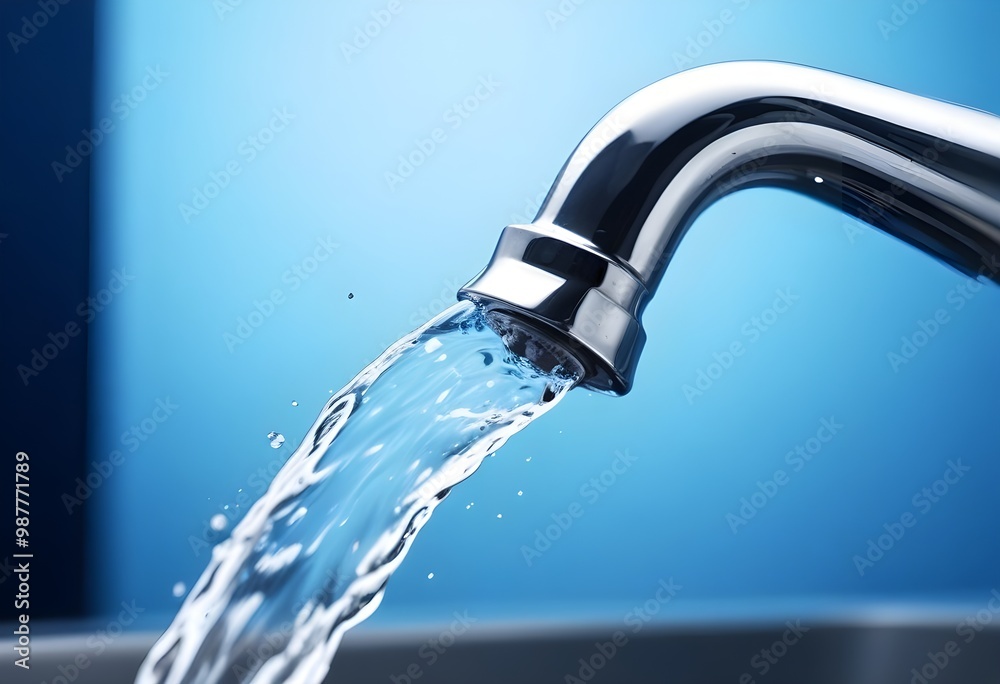 A close-up view of a faucet with running water against a blurred blue background, creating a sense of freshness and cleanliness A close-up view of a faucet with running water against a blurred blue background, creating a sense of freshness and cleanliness