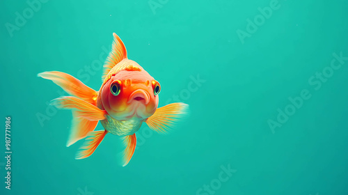 A single goldfish swims in a turquoise blue tank, looking directly at the camera.