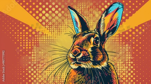 A colorful rabbit with large ears, against a red, yellow and white pop art background. photo