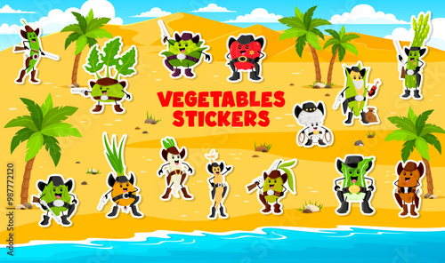 Stickers pack of cowboy and bandit vegetable characters. Fun and adventurous western-themed patches featuring cartoon veg personages dressed as Wild West cowboys and bandits with hats, guns and lassos