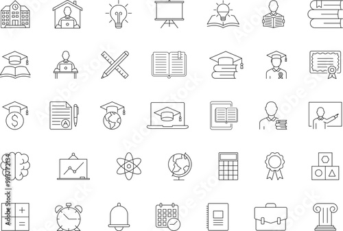 Education simple thin line icons. E-learning, tutorial, distance learning, video and audio courses collection. Academy, school, college, student. Vector illustration.