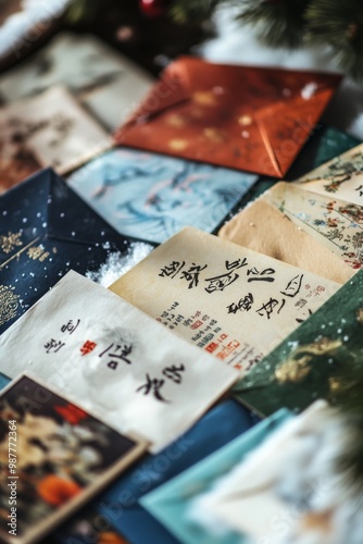 a detailed close-up of korean holiday cards with hand-painted calligraphy spread across a snowy table, with colorful envelopes and stamps