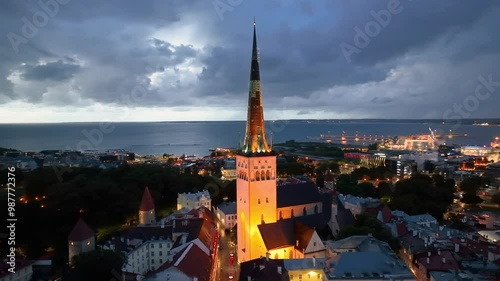 Wallpaper Mural Aerial view of church in Tallinn Old Town at sunset. defensive walls, rooftops. Estonia Torontodigital.ca