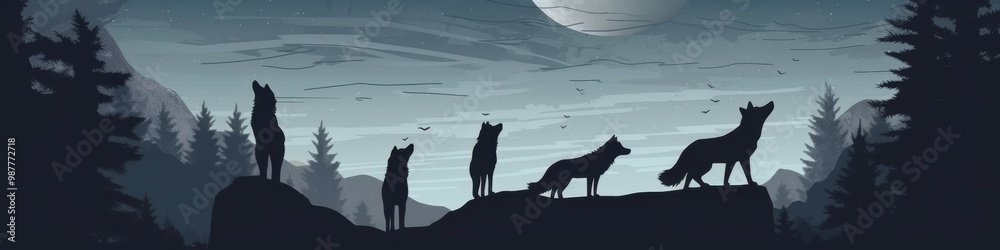 Silhouettes of howling wolves on a rocky hill under a moonlit sky, showcasing a serene yet haunting natural scene. Silhouettes of howling wolves on a rocky hill under a moonlit sky, showcasing a serene yet haunting natural scene.