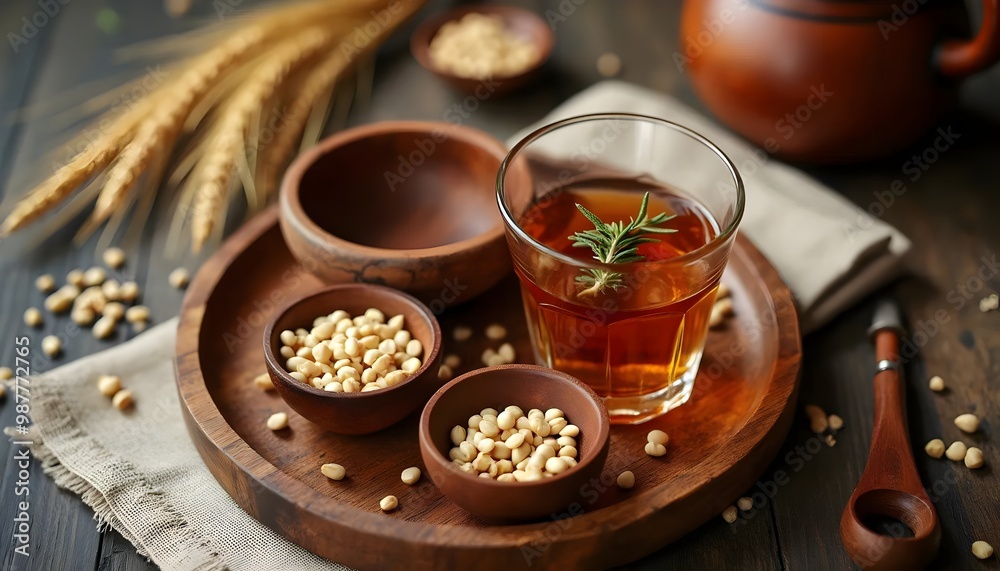 Tibetan barley beer (Chang) served with traditional wooden bowls and barley grains (Tibetan Cuisine) Tibetan barley beer (Chang) served with traditional wooden bowls and barley grains (Tibetan Cuisine)