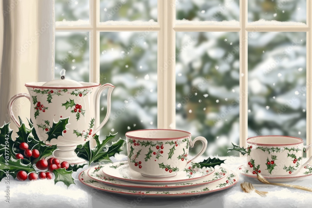 a detailed image of delicate holiday china with festive holly patterns, arranged on a snowy table with winter decorations in a spanish home illustration a detailed image of delicate holiday china with festive holly patterns, arranged on a snowy table with winter decorations in a spanish home illustration