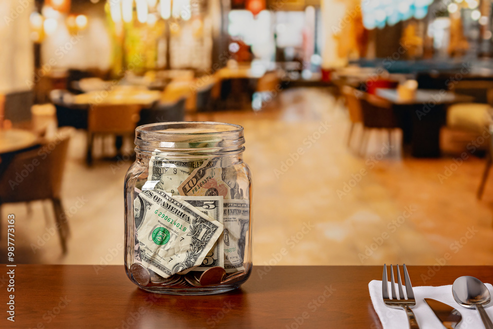 Tip jar in restaurant dining room. Service industry tipping, minimum wage and gratuity concept. Tip jar in restaurant dining room. Service industry tipping, minimum wage and gratuity concept.
