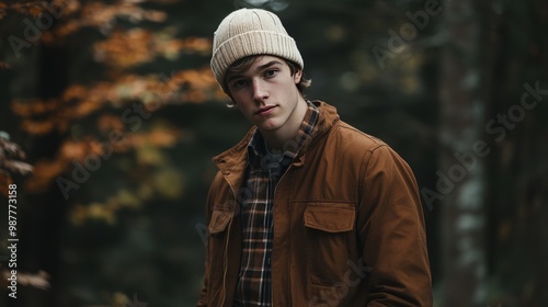 A portrait of a young white man posing in the woods dressed in autumn clothes: brown jacket, checkered canadian style shirt, off-white beanie, looking at the lens  photo