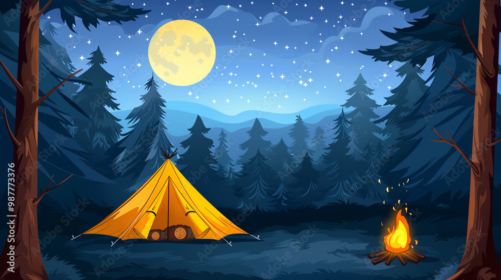 Tourists camping with a tent near a fire in the forest under the starry sky Tourists camping with a tent near a fire in the forest under the starry sky