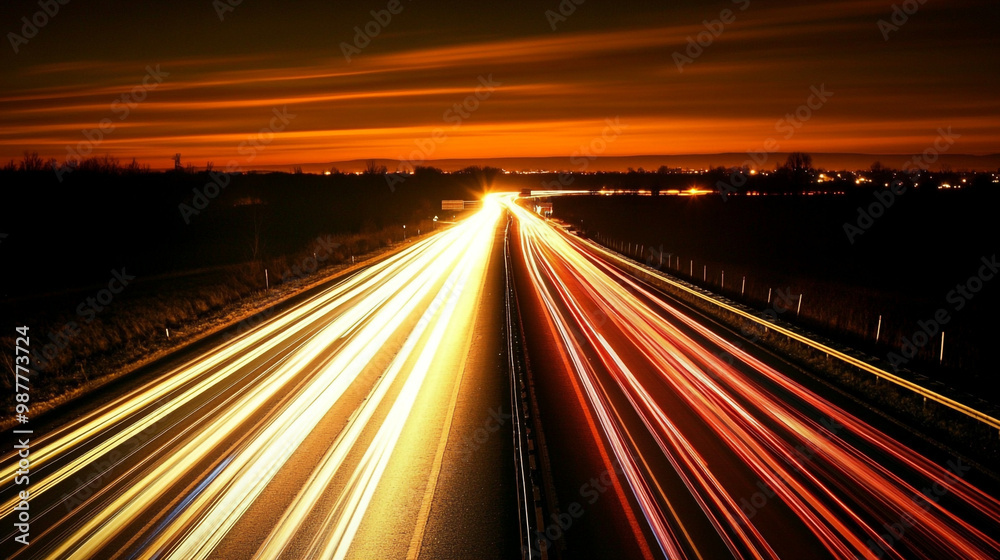 Obraz premium Highway Light Trails with Long Exposure at Night, Vibrant and Dynamic Motion, Nighttime Light Trails on the Highway.