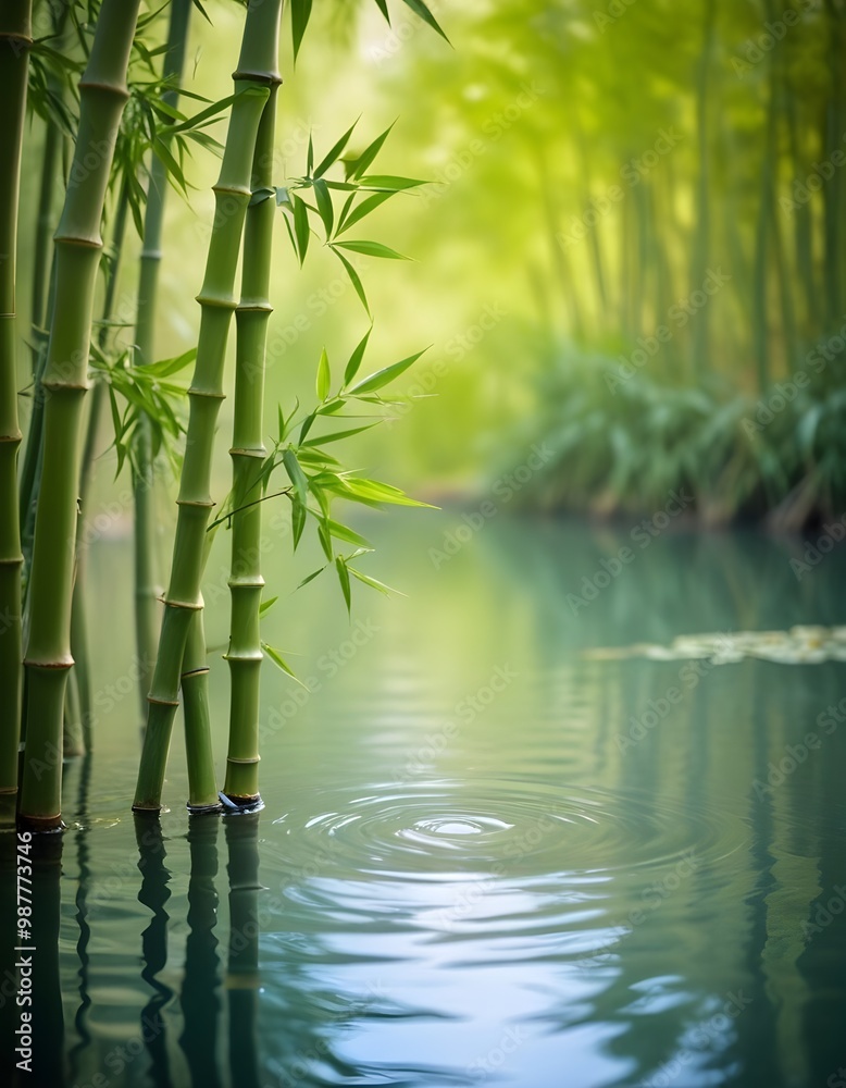 Fototapeta premium Green bamboo stalks with leaves reflected in a calm pond , surrounded by a blurred natural background