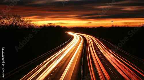 Highway Light Trails with Long Exposure at Night, Vibrant and Dynamic Motion, Nighttime Light Trails on the Highway.