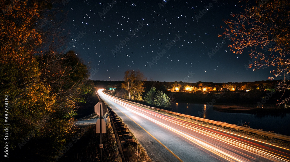 A highway with a bright orange line in the middle, A long exposure photograph of the lights from cars on a highway at night. A highway with a bright orange line in the middle, A long exposure photograph of the lights from cars on a highway at night.