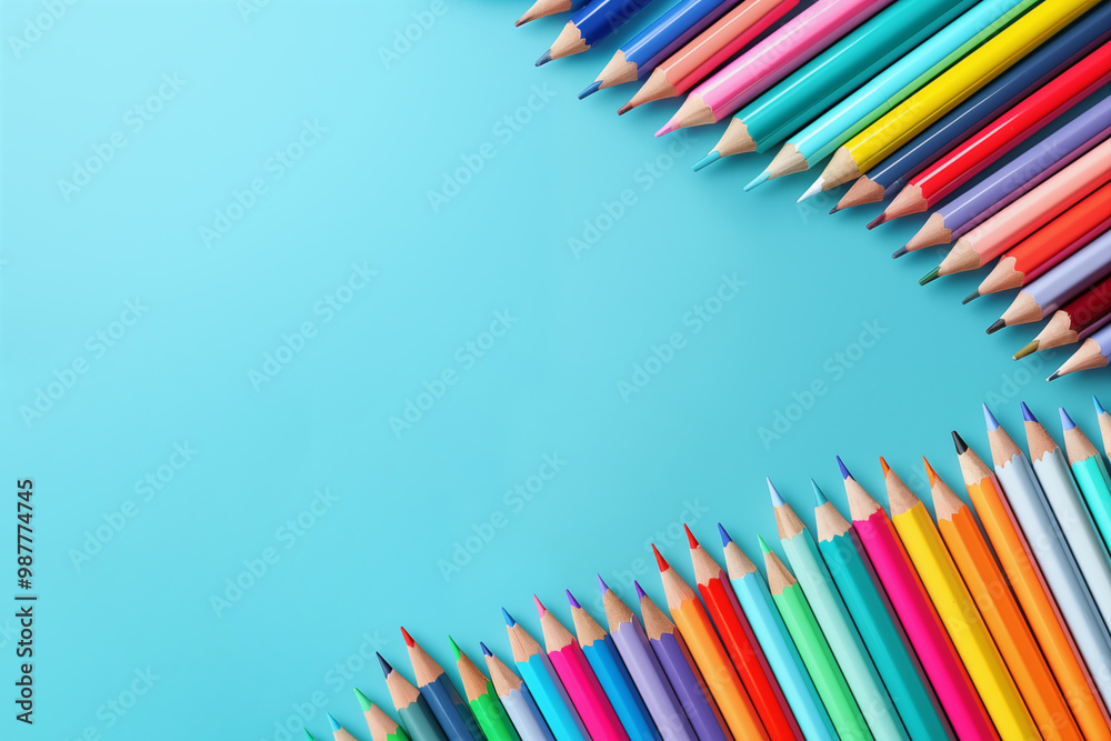 Fototapeta premium A colorful array of colored pencils is neatly arranged on a light blue background, ready for creative use. Light blue background