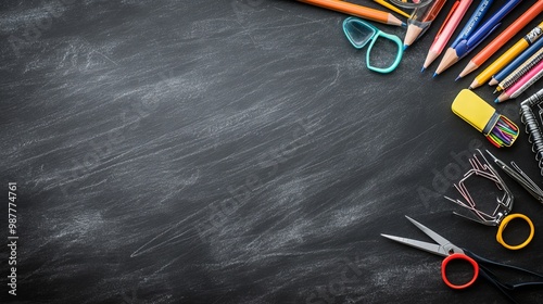 Organized Chaos: A Vibrant Metal Glass Filled with Pens, Pencils, Felt-Tip Pens, and Scissors Set Against a Bold Black Chalkboard Background






 photo